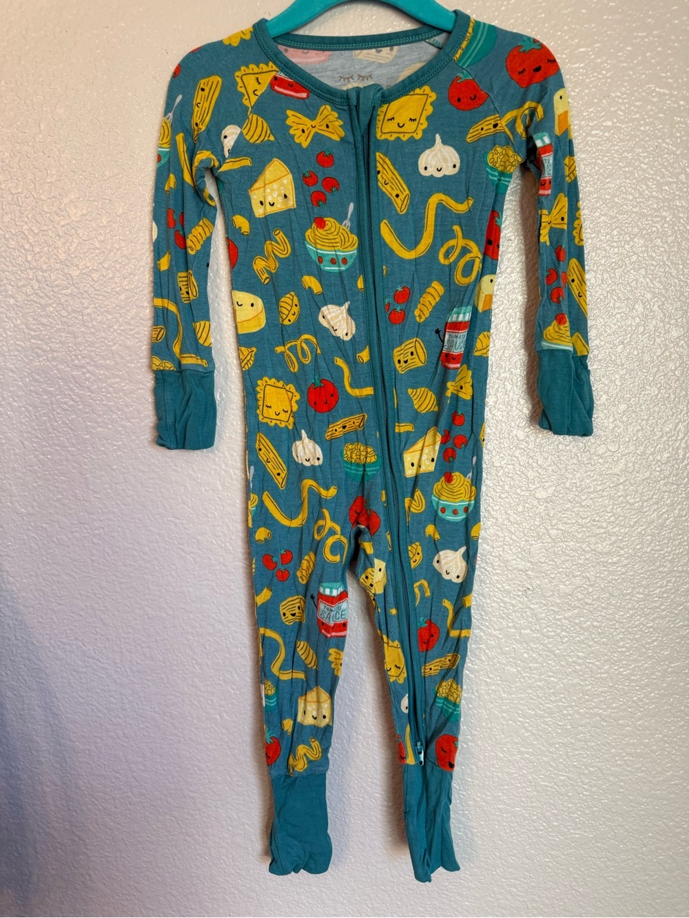Little Sleepies Teal Food-Print Zip One-Piece Footie Pajamas
